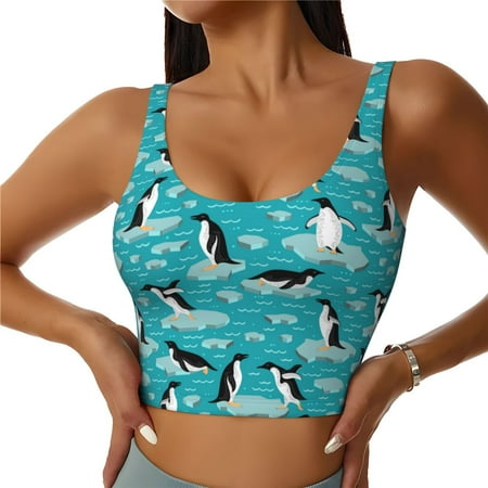 Adobk Penguins On The Ice In The Sea Print Sports Bras for Women Longline Workout Crop Tank Tops Padded with Built in Shelf Padded Sports Bra-XX-Large