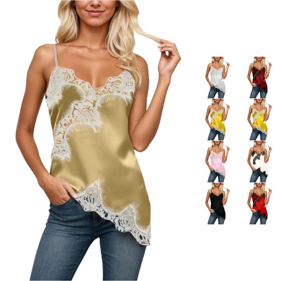 VNKIDY Womens V Neck Spaghetti Strap Solid Color Satin Cami Top With Scalloped Lace Irregular Asymmetric Hem Relaxed Fit For Daily Layering Casual Wear Gold M