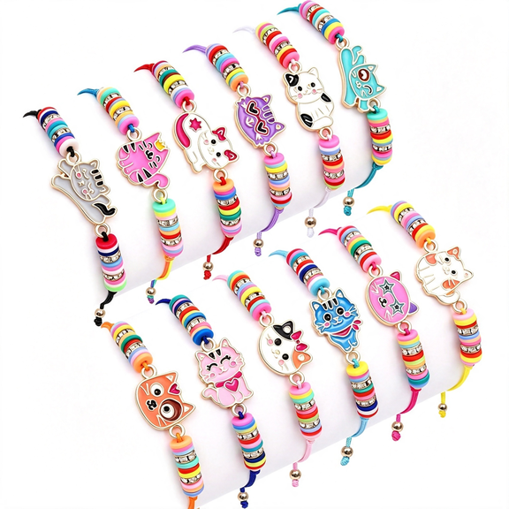 DESIGNICE 12 Pcs Bracelets for Girls Kids Toddler Play Jewelry Cute Animal Cat Charm Bracelet Friendship Braided Woven Bracelets Adjustable Little Girls Dress Up Jewelry Gift