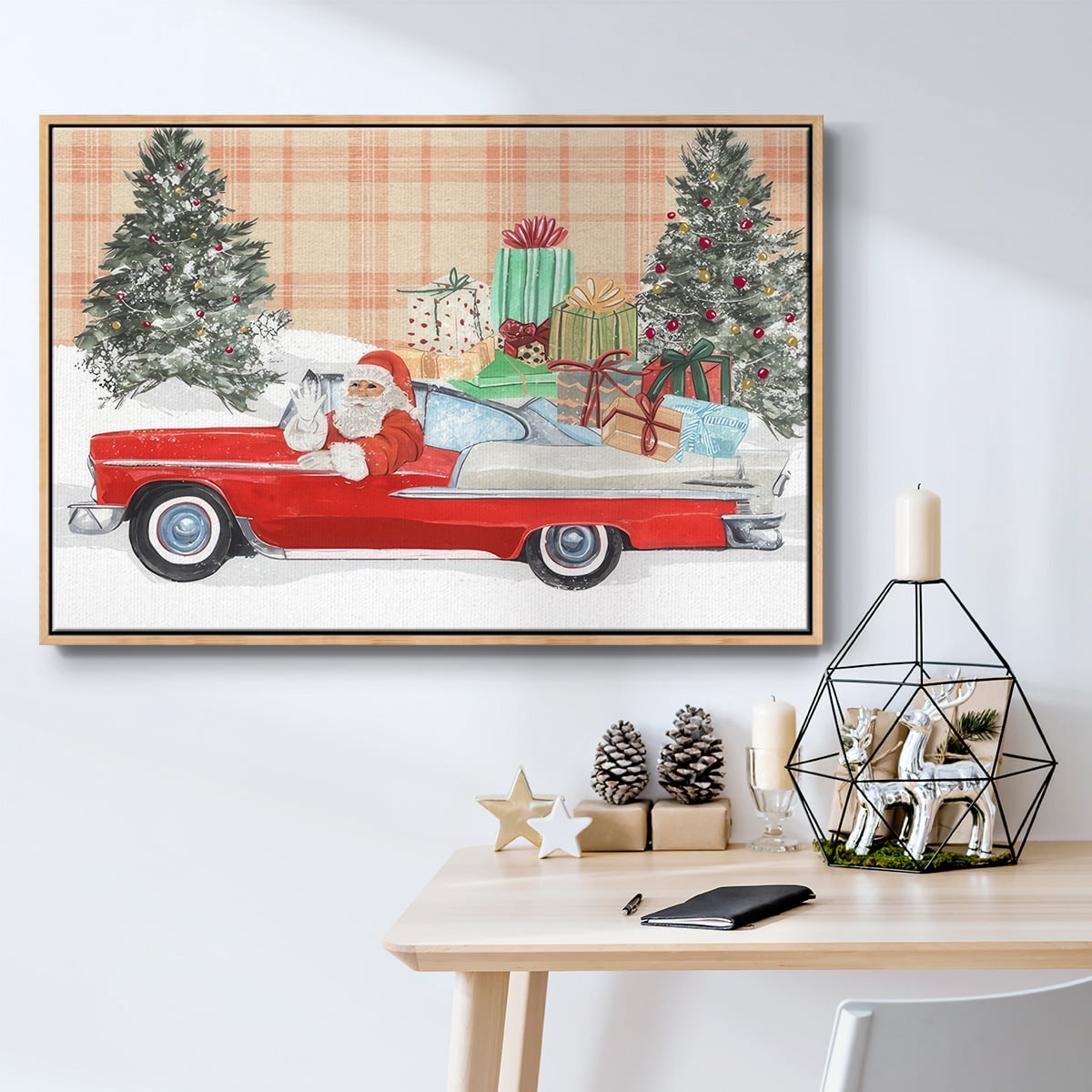 Santa on Wheels Collection A - Framed Gallery Wrapped Holiday Canvas - 17 x 25 - Natural Wood Frame