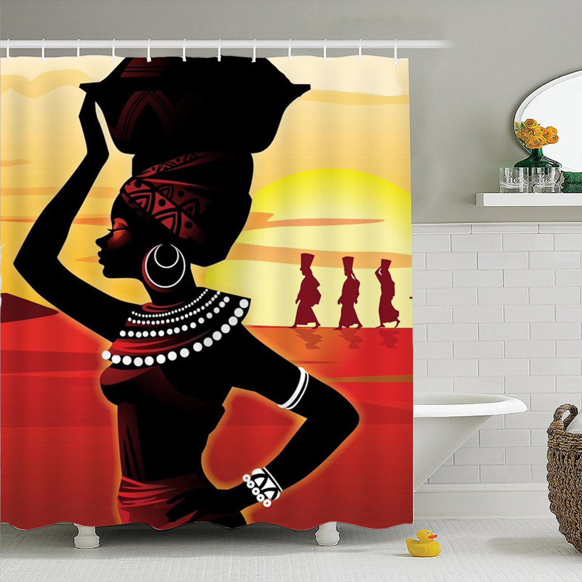 Shower Curtain African Woman and Lions Printing Decor Bath Curtains 12 Hooks