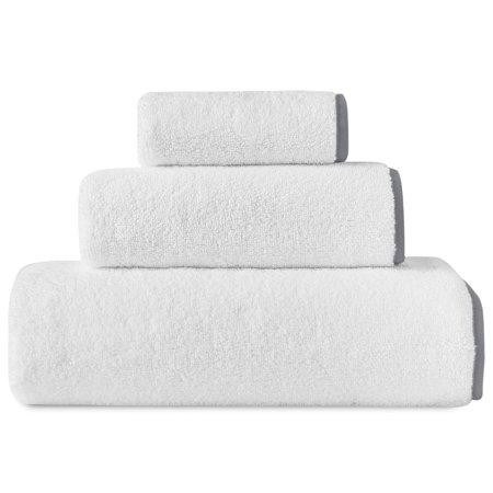 Classic Turkish Towels CTT - 3 Piece Luxury Towel Set, 100% Turkish Cotton, Quick Drying, Highly Absorbent & Comfy, Includes 1 Bath Towel, 1 Hand Towel & 1 Washcloth | (White with Grey Binding)