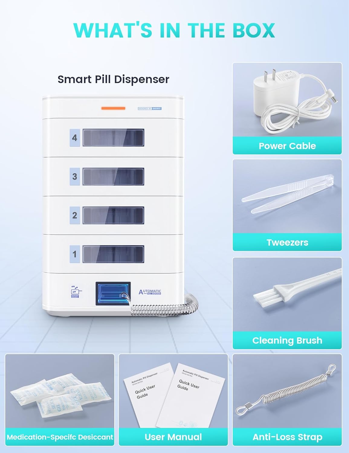 FOUR E's Scientific 42-Day Automatic Pill Dispenser, App & on-Device Setup, LCD Display, Digital Lock, Sound & Light Alerts, Pill Organizer for Dementia Seniors, 3-Tray