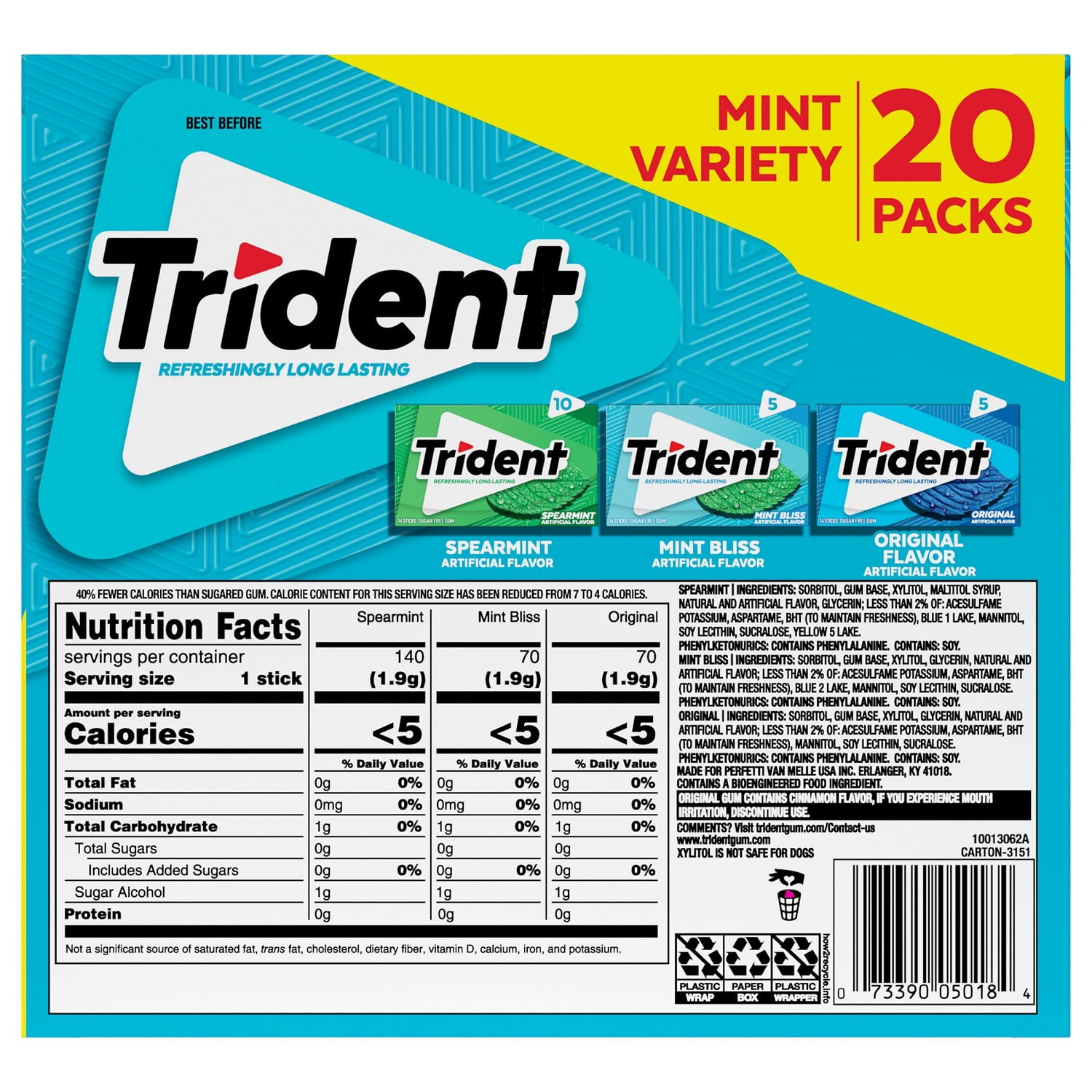 Trident Sugar Gum Spearmint 14 Sticks 15 Ct (Total 210 Pieces)