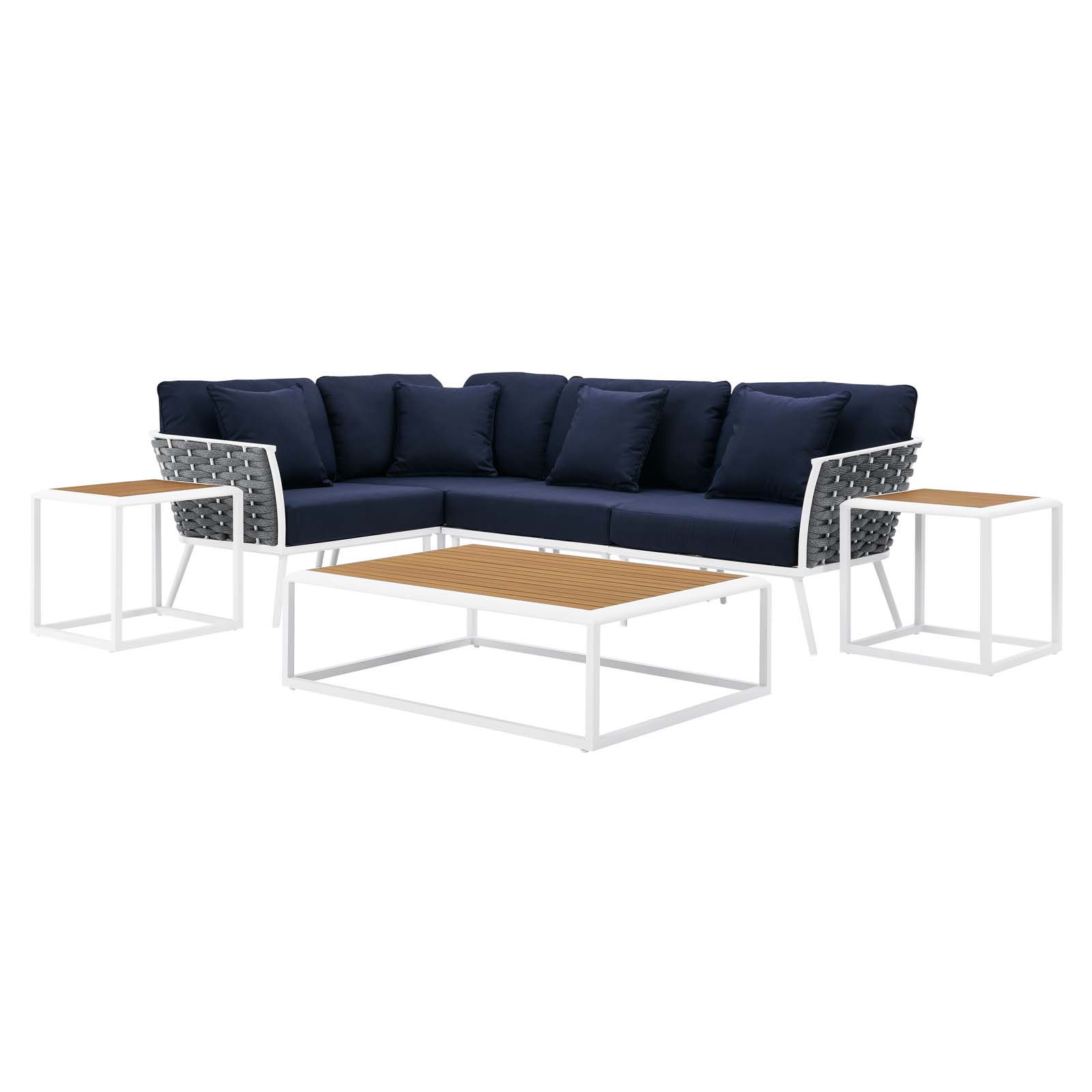 Lounge Sectional Sofa Chair Table Set, Navy White, Aluminum, Metal, Fabric, Modern Contemporary, Outdoor Patio Balcony Cafe Bistro Garden Furniture Hotel Hospitality - image 1 of 10