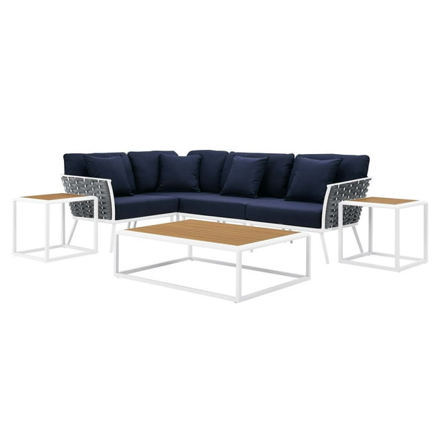 Lounge Sectional Sofa Chair Table Set, Navy White, Aluminum, Metal, Fabric, Modern Contemporary, Outdoor Patio Balcony Cafe Bistro Garden Furniture Hotel Hospitality