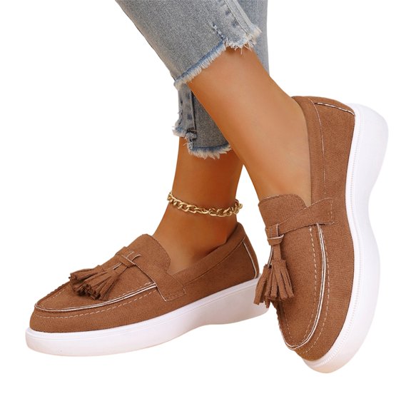 IEMIEMIEM Women's Suede Penny Loafer Shoe Comfort Tassel Embellished Trendy Loafers 2026 Fall Fashion Slip-on Shoes Soft Sole Flat Brown 9 Wide