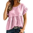 thumbnail image 5 of Dolkfu Pink Tops for Women Trendy Short Sleeve Pull-on Retro Crew Neck Blouses & Tops Modern Solid Casual Pink,S, 5 of 6