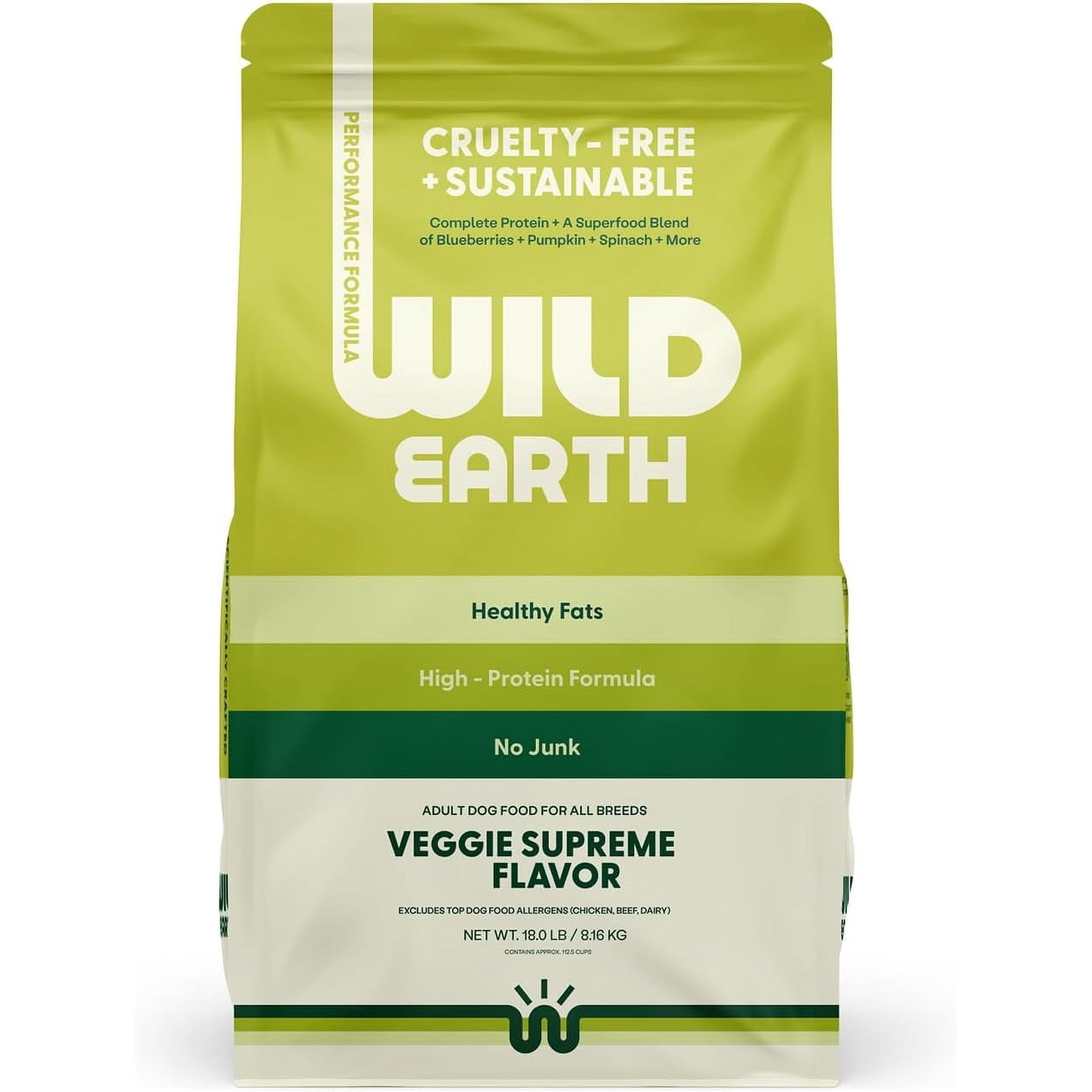 Wild Earth Vegan Dry Dog Food Performance Formula | Plant-Based Vegetarian Kibble | Wheat-Free, Allergen-Free, Veterinarian-Developed | Veggie Supreme Flavor, 18lb Bag