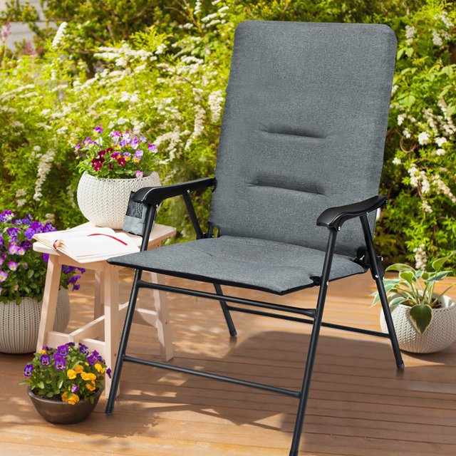Costway Patio Folding Padded Chair High Backrest Portable Cup Holder Camping Grey