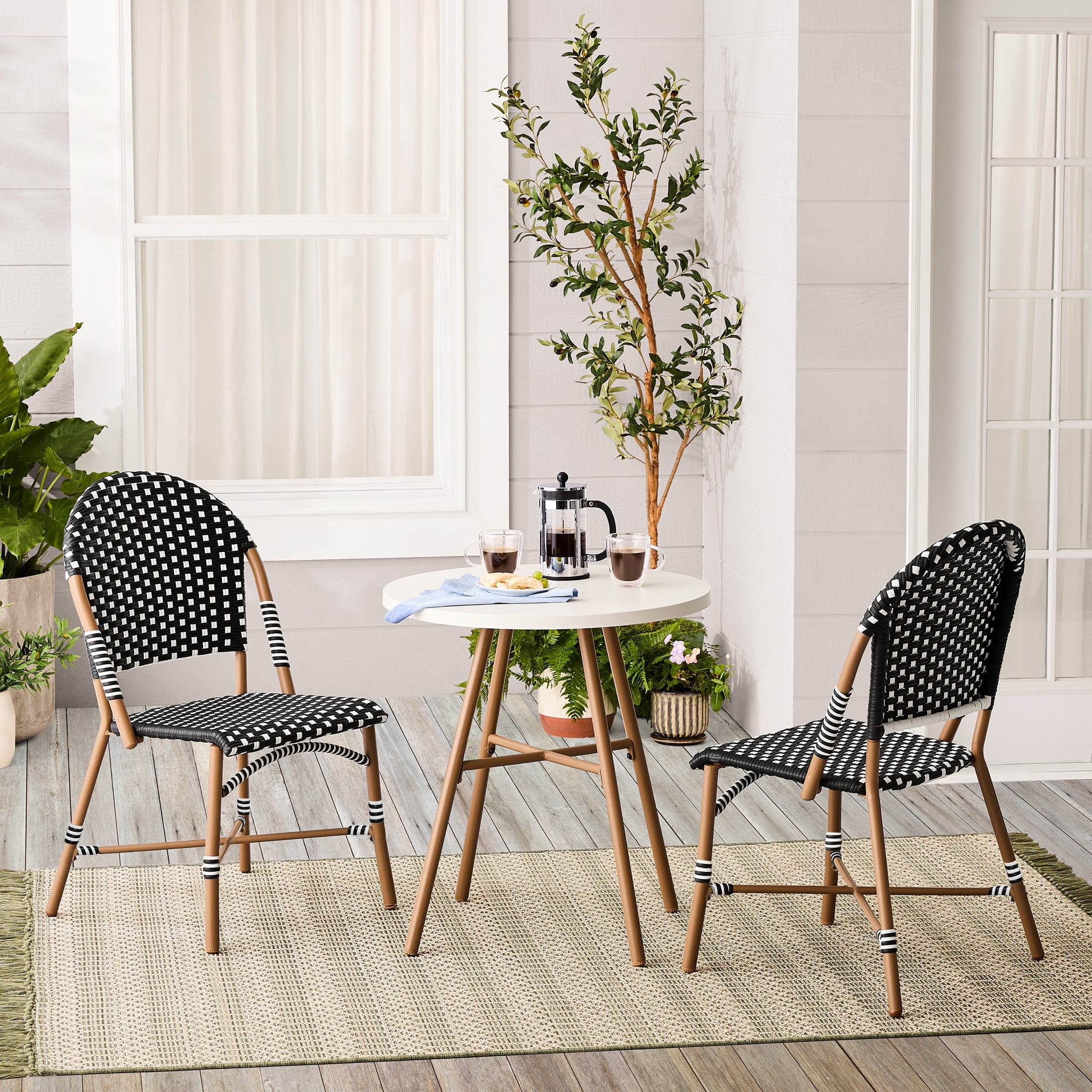 Better Homes & Gardens Lilah 2-Piece Wicker Outdoor Parisian Bistro Chairs, Black & White