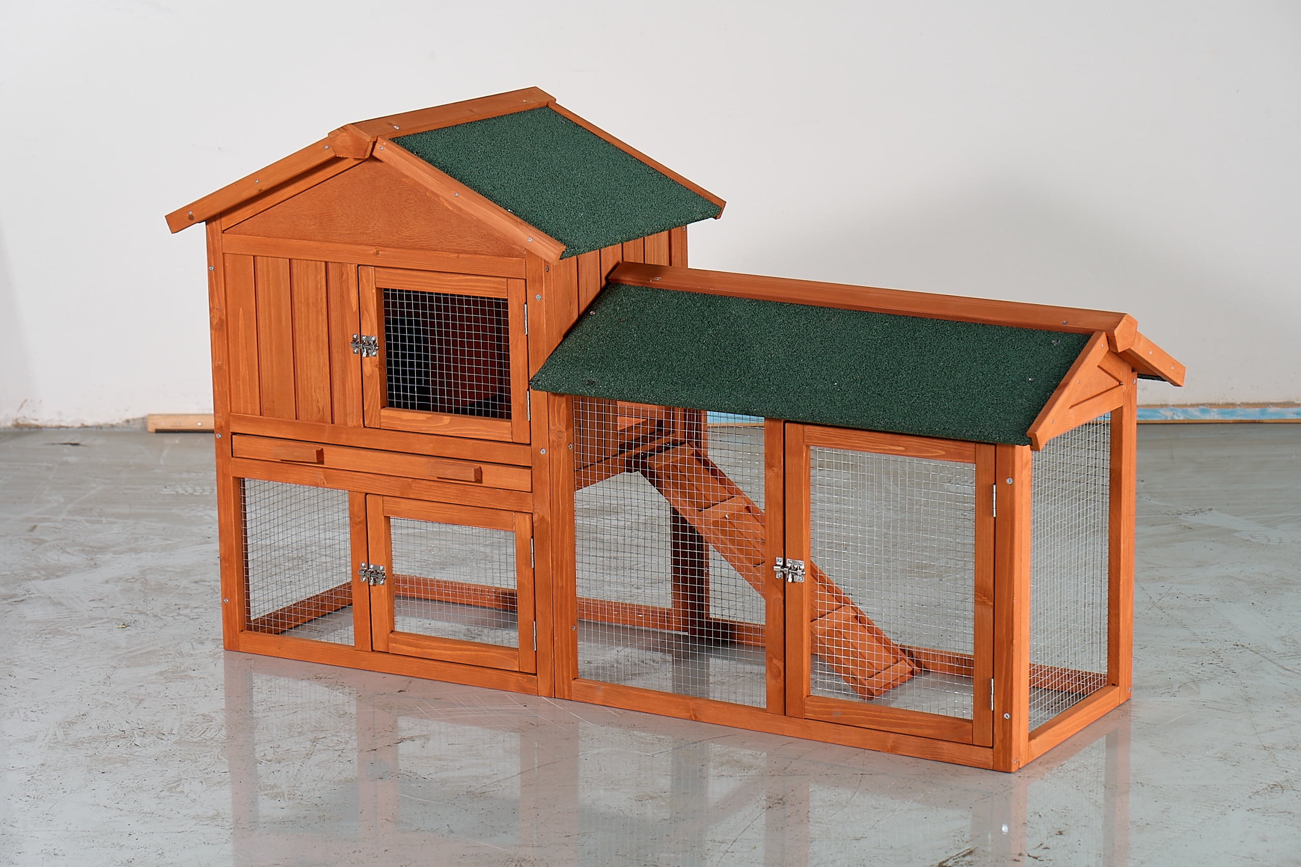 Noaman 2-Story Wooden Rabbit Hutch with Waterproof Roof, Pull-Out Tray & Ramp, 57.87x20.47x33.46in, Brown