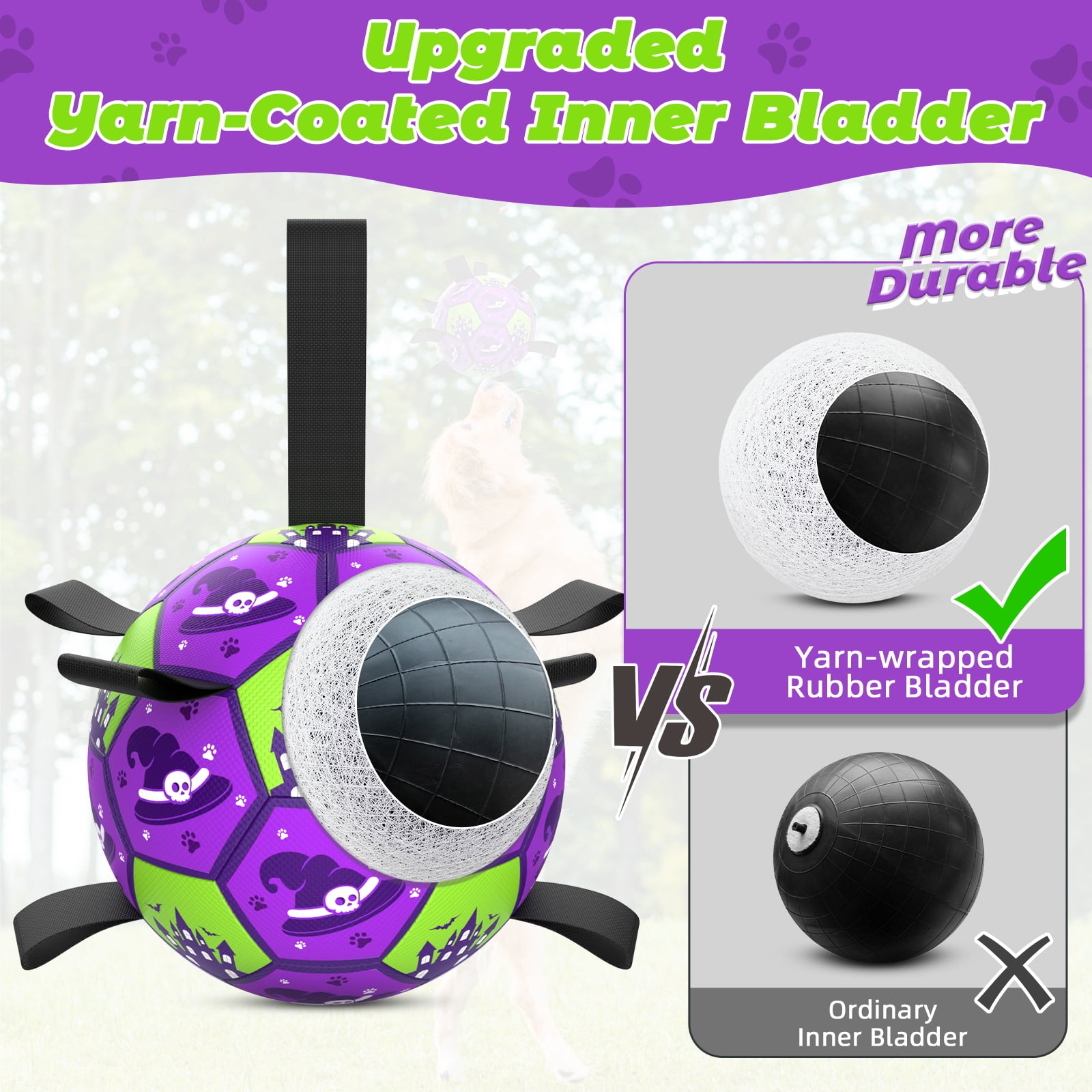 QDAN Halloween Dog Toys Ball, Soccer Ball with Straps for Dog Birthday Gift, Tug of War Interactive Dog Toys, Puppy Toys for Small Medium large Size Dogs, Purple & Green, 7inch