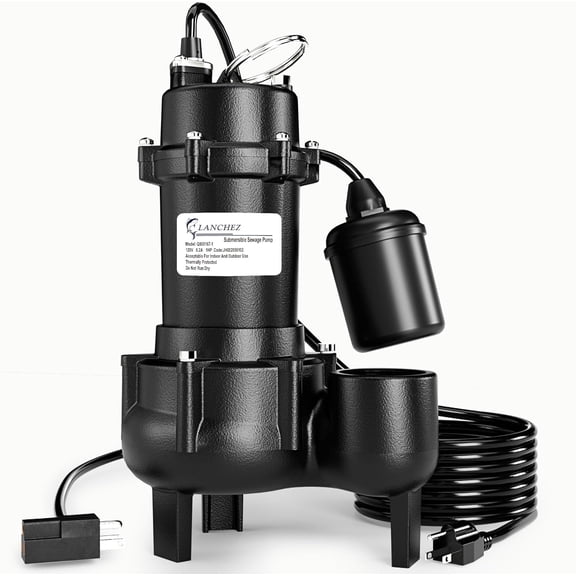LANCHEZ 1HP 6600 GPH Submersible Sewage Pump, Heavy Duty Cast Iron Effluent Pump with Automatic Tethered Float Switch, Sump Pump for Sump Basin, Basement, Residential, 2" NPT Discharge