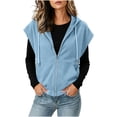 thumbnail image 4 of Women's Plus Size Cap Sleeve Hoodie Summer Loose Casual Zip Up Drawstring Tops with Pockets Light Blue, 4 of 7