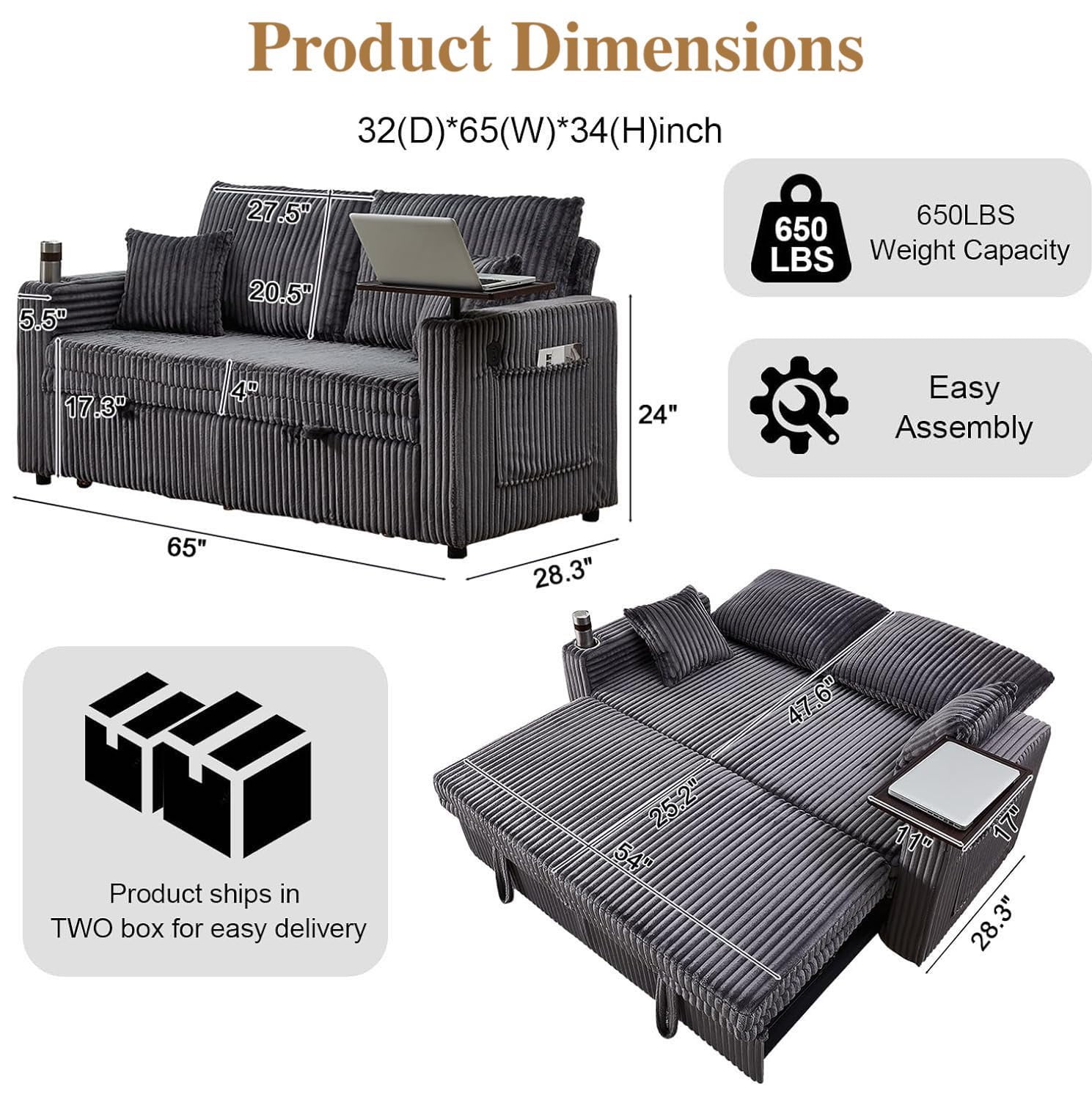 Vinform Sofa Bed with Pull Out Couch, 65" Convertible 3-in-1 Sleeper Sofa Bed for Living Room Small Space, Corduroy (Dark Gray)