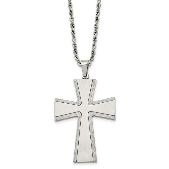 Auriga Fine Jewelry Stainless Steel Brushed with Laser-cut Edges Cross Pendant on a Rope Chain Necklace for Men 24"