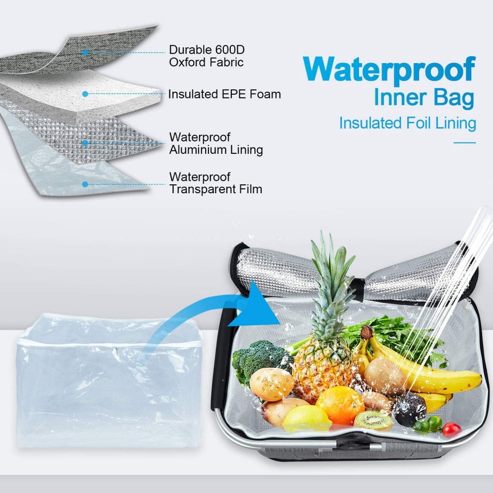 35L Large 2 Layers Picnic Basket Waterproof Thermal Insulation Foldable Aluminum Alloy Frame with Removable Inner Bag for Picnic Camping Fishing Shopping Kitchen Car Trunk