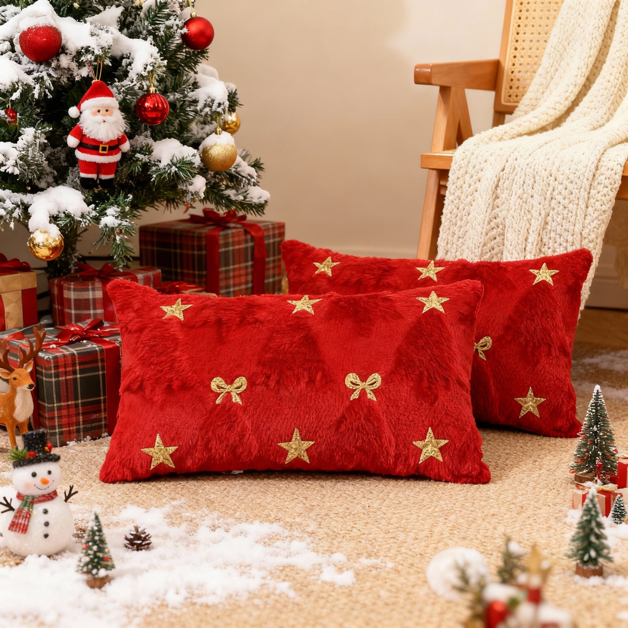 Gynky Christmas Tree Throw Pillow Covers Set of 2, 12"x20" Soft Fluffy Boho Pillowcases Home Decor Winter Holiday Cushion Cases for Sofa Couch Bedroom Living Room Xmas Decoration, Red