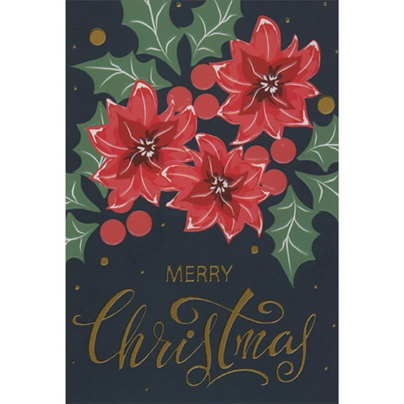 Pictura Three Embossed Red Poinsettias with Holly Leaves and Berries on Dark Background Christmas Card