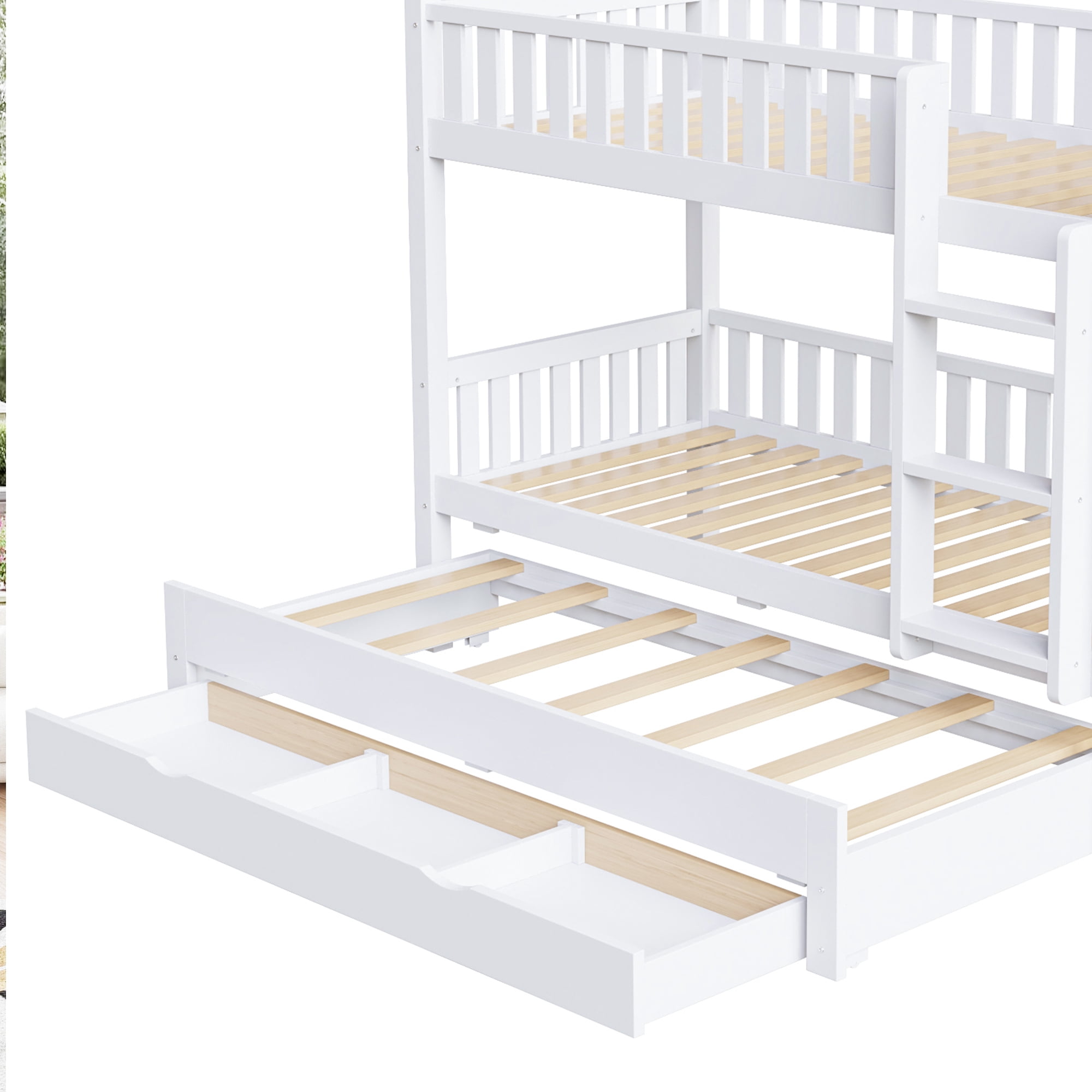Euroco Wood Twin over Twin Bunk Bed with Trundle and Drawers, White