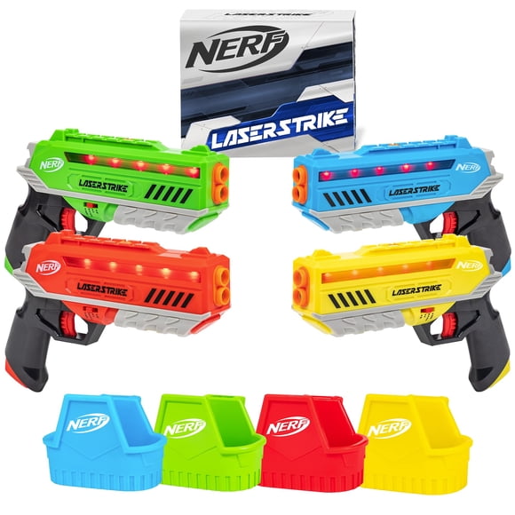 NERF Laser Strike 4 Player Lazer Tag Pack - Indoor or Outdoor Game for Girls, Boys, Families, and Adults - Includes 4 Blasters with 300 ft Range and 4 Holsters