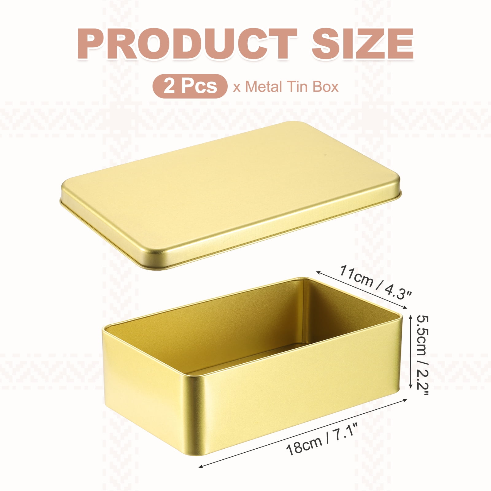 Uxcell 2Pack Metal Tin Box, 4.3x7.1x2.2 Rectangular Empty Tinplate Containers with Lids, for Home Organizer Candles Gifts Car Keys Crafts Storage, Light Gold
