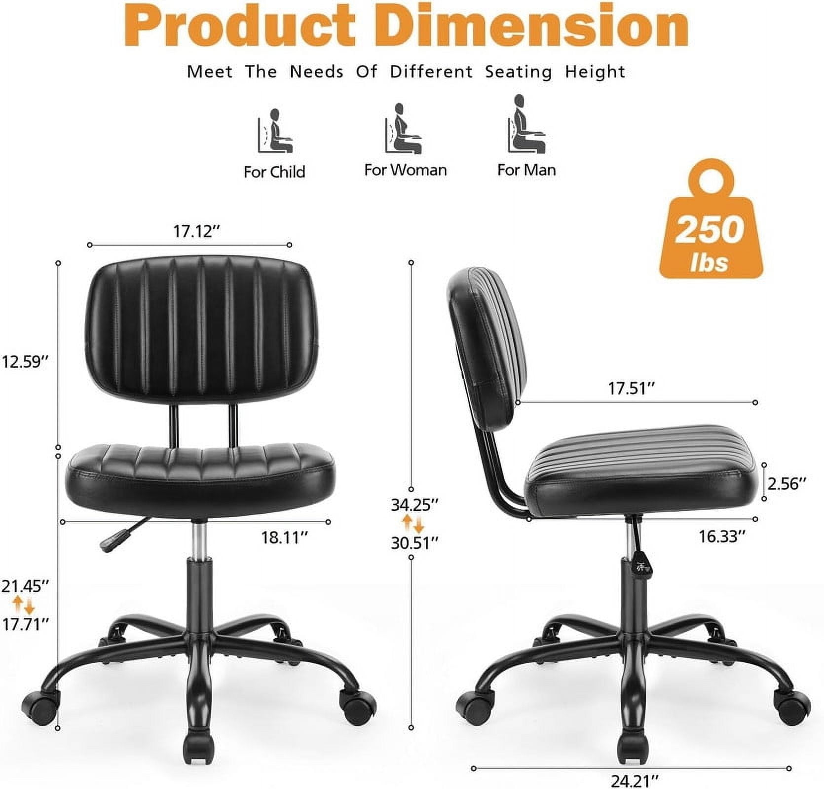 Armless Office Desk Chair with Wheels, Adjustable Height 360° Rolling Swivel Lumbar Support Low-Back Computer Chair, PU Leather, Black