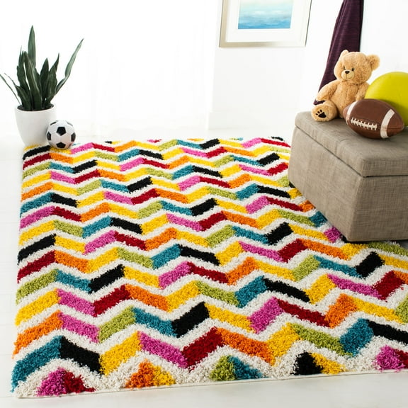 SAFAVIEH Aletha Colorful Chevron Kids Shag Area Rug, Ivory/Multi, 3' x 5'