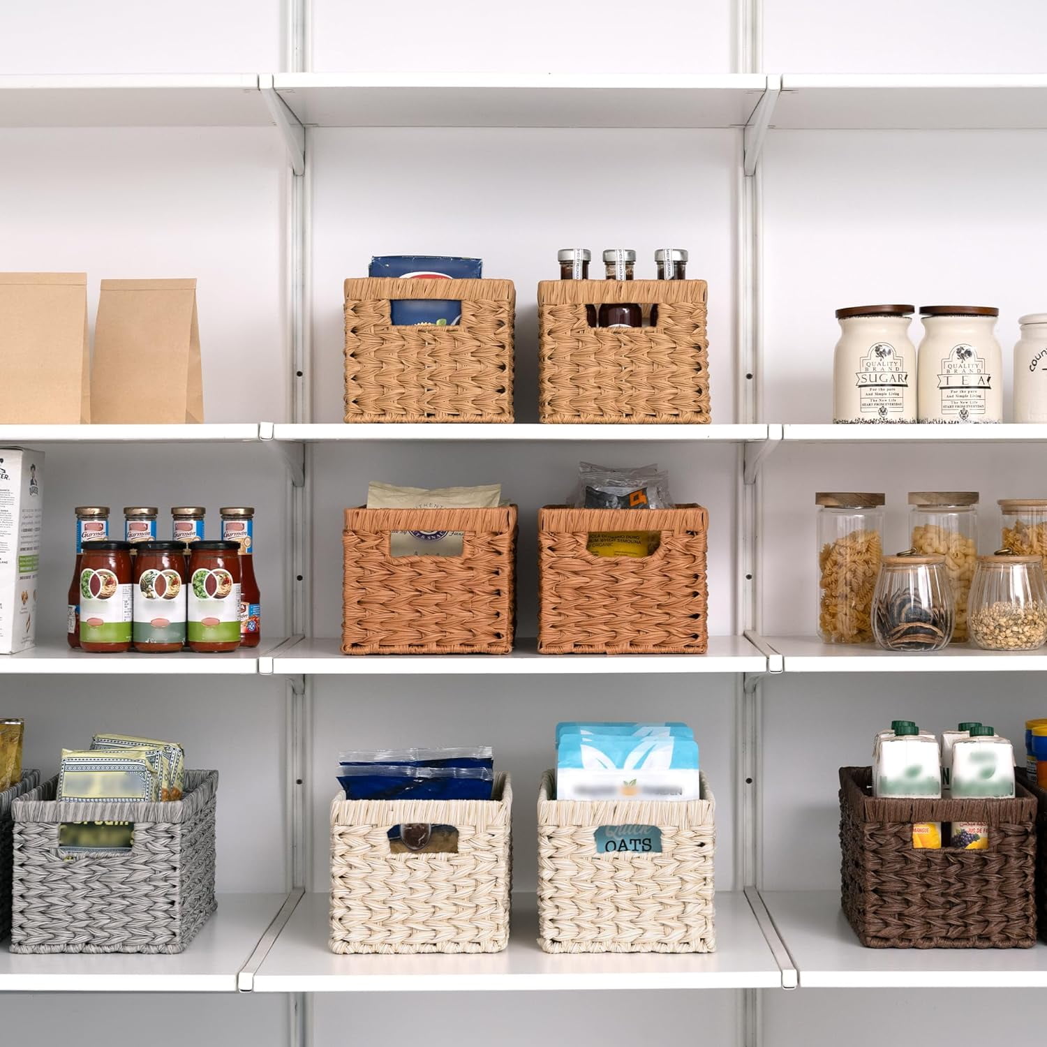 GRANNY SAYS Wicker Storage Baskets for Shelves, Waterproof Woven Baskets for Organizing, Hand Woven Rectangle Basket for Pantry, Butter Milk, 2-Pack
