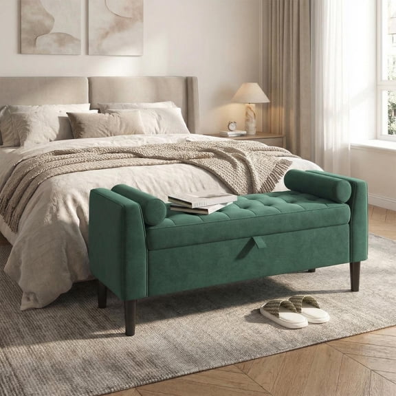 Velvet Tufted Storage Bench With Slanted Armrests, Green, 46.5 Inch