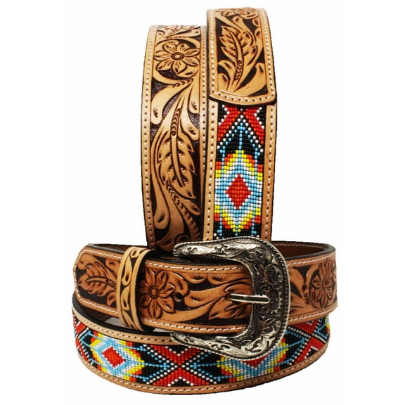 36 Western Floral Hand-Tooled Beaded Full-Grain Leather Belt 26FK59