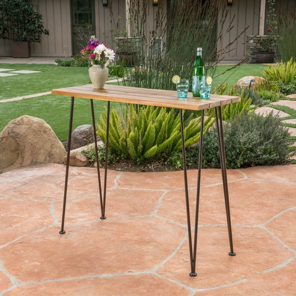 Outdoor Dining Table, DENALI INDUSTRIAL WOOD AND METAL BAR TABLE, Brown Patio Table,Acacia Wood Outdoor Coffee Table, Garden & Outdoor & Patio Furniture Outdoor Tables DENALI INDUSTRIAL WOOD AND META