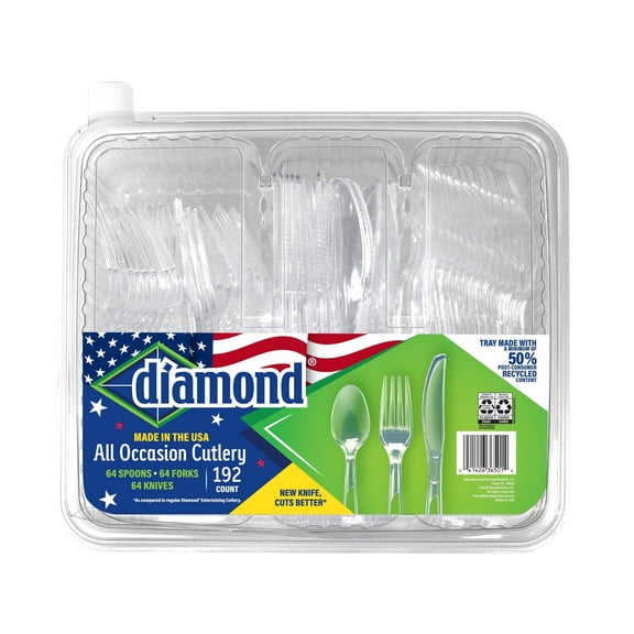 192 Count Diamond® Premium Clear Full-Size Cutlery Set – Includes 64 Forks, 64 Spoons, 64 Knives – Proudly Made in USA – Patriotic Party Essentials – Great for July 4th, Memorial Day & More