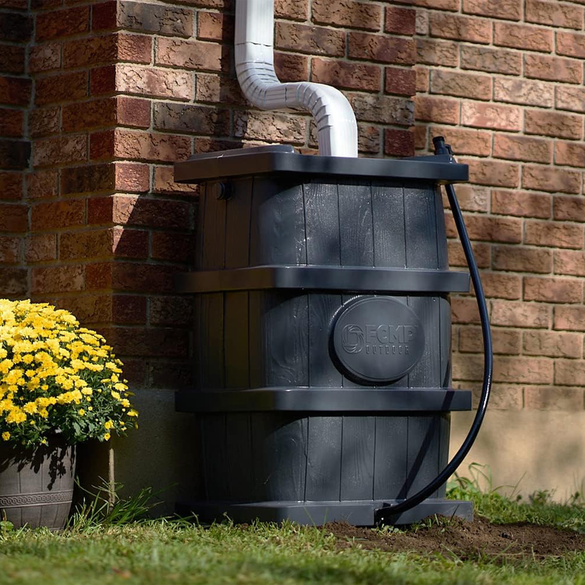 FCMP Outdoor WG4000-GRY Home Outdoor Wood Grain Rain Water Catcher Barrel