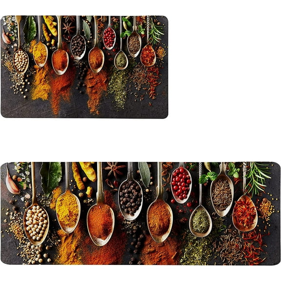 Spicy Art Kitchen Rugs Set of 2, Spices Artistic and Colorful Kitchen Floor Rug Mats Farmhouse Waterproof Non-Slip Standing Mat Runner Carpet for Kitchen Home (17.3" x 28"   17.3" x 47")