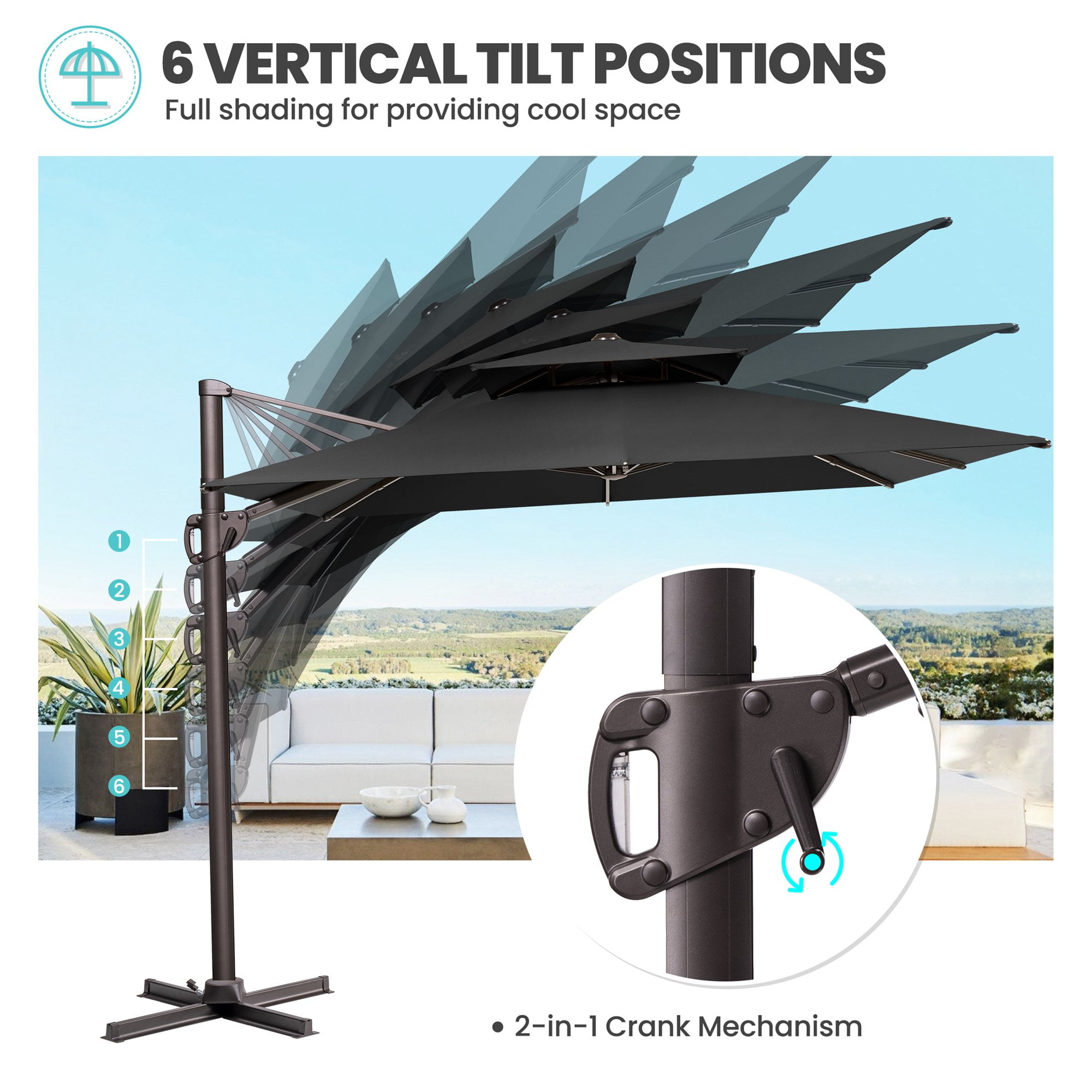 Pellebant 9 ft. x 12 ft. Rectangular Double Top Patio Cantilever Umbrella, Black