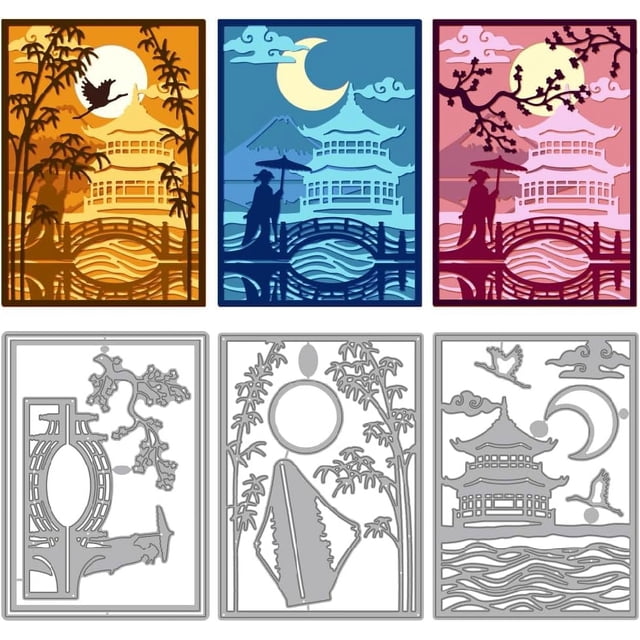 Troqueles de corte de arquitectura japonesa en capas para la fabricación de tarjetas, troqueles de acero al carbono para bordes, plantillas para álbumes de recortes y troqueles de repujado.