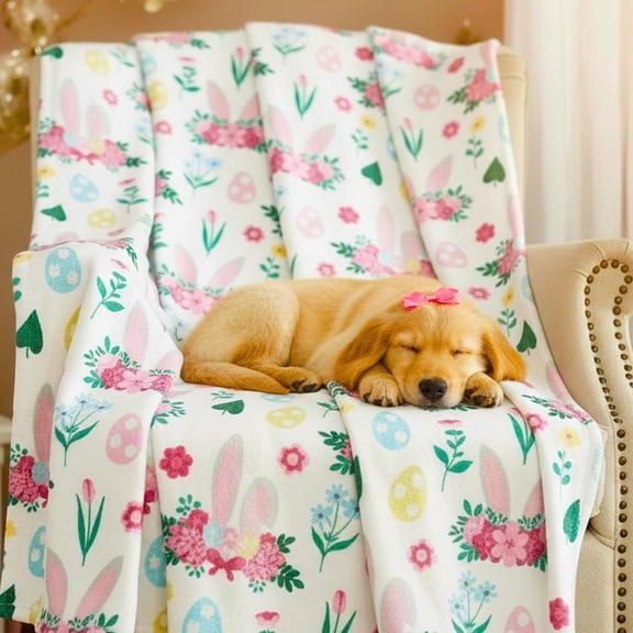 Serafina Home Easter Spring Fleece Throw Blanket: Spring Bunnies Enjoy Frolicking in The Flowers Fun, Accent for Couch Sofa Chair Bed or Dorm