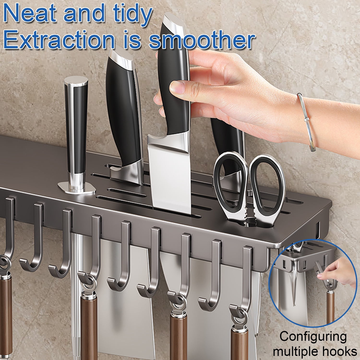BTideas Wall Mounted Knife Holder,Rotate 90° Knife Organizer with 10 Hooks,Kitchen Utensil Organizer