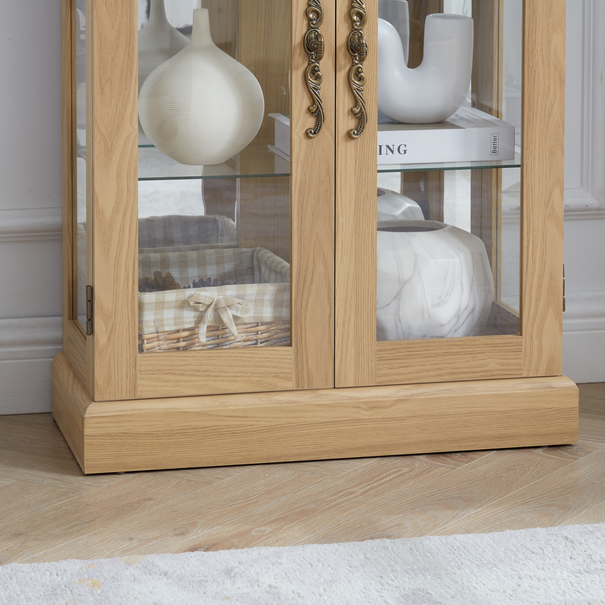 Leumius Elegant Lighted Glass Curio Display Cabinet, Wooden Frame Storage for Living Room, Kitchen & Pantry, Glass Cabinet for Wine, Toys & Collectibles Light Oak