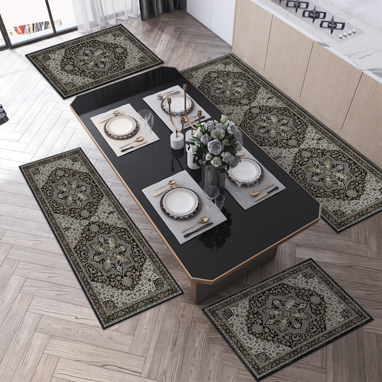 TECHVIDA Kitchen Rugs 4 Piece Set,Non Slip Machine Washable Kitchen Mats,Boho Vintage Abstract Kitchen Carpet for Farmhouse Living Room Hallway