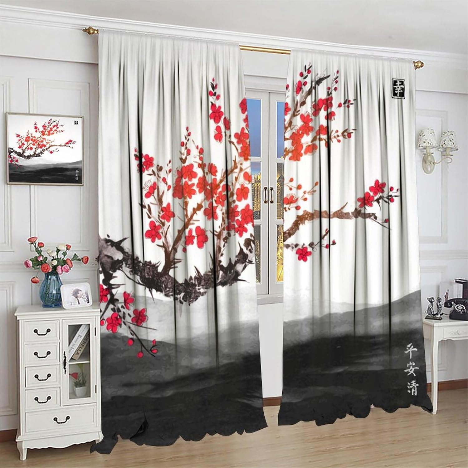Japanese Asian Curtains Red Cherry Blossom Tree Traditional Ink Style Plant Mountain River Printed Curtain for Kitchen Bedroom Living Room Blackout Privacy Noise Reduction Curtain 84x84 Inch 2 Panels