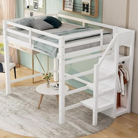 Full Size Loft Bed with Stairs, Wood Loft Beds Frame with Storage Wardrobe, Loft Bed Full with Hanging Rod, Space Saving Design Loft Beds & No Box Spring Needed,White