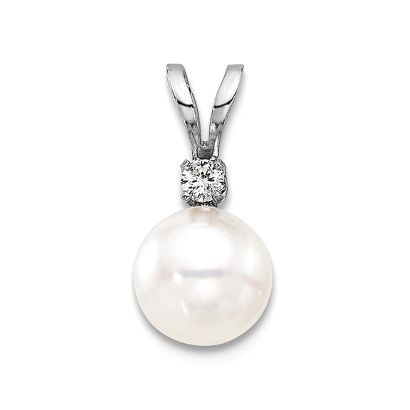 14k Solid White Gold 6-7mm Round White Akoya Pearl and .03ct Diamond Pendant Necklace Pendant for Women