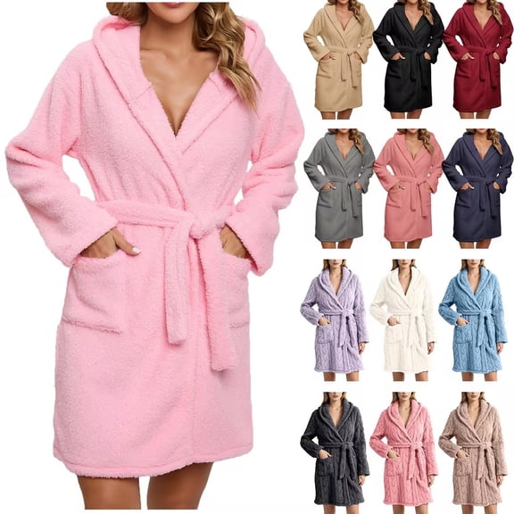 Bovxnpu Robes for Women, Women's Fleece Hooded Bathrobe Long Spa Robe Winter Nightgown Cardigan Home Clothes