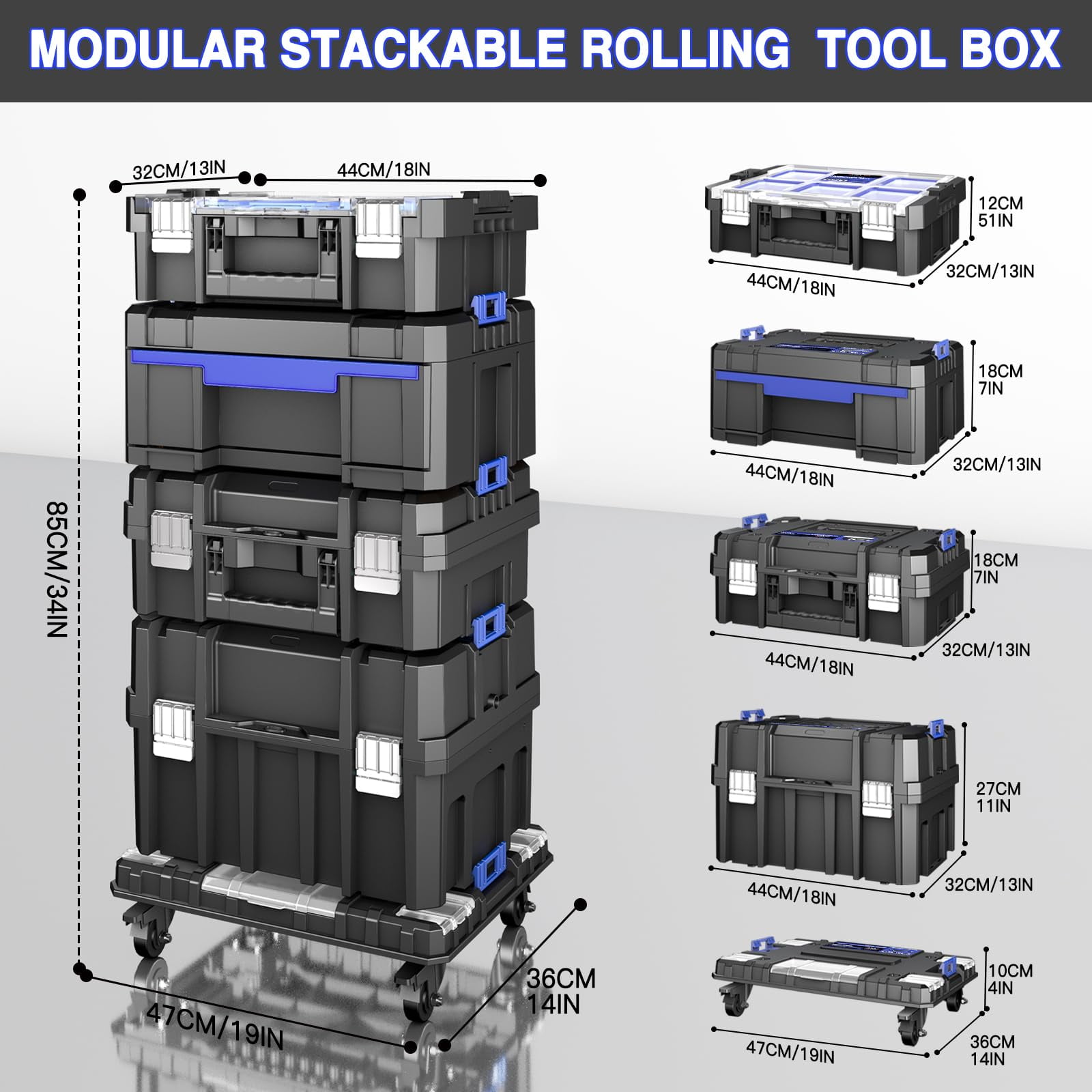 Heavy-Duty 4-Tier Stackable Rolling Tool Box with Clear Top Lid & Drawers, Modular Tool Storage Organizer System on Wheels for Garage & Home Repair