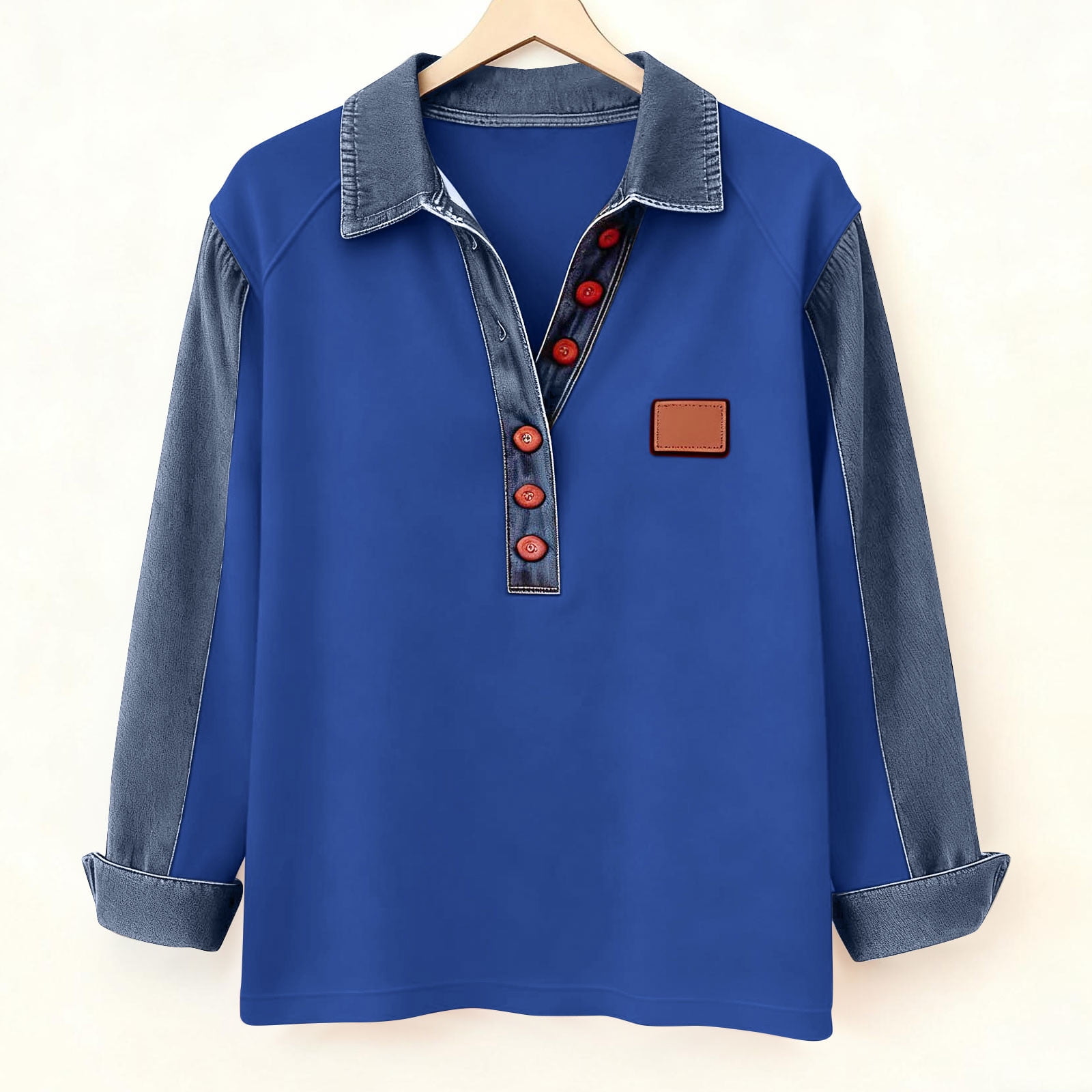 Denim Sweater for Women Collar Button up Patchwork Pullover Tops Vintage Knit Jean Casual Wear Blouses