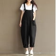 thumbnail image 1 of Pantalones casuales con tirantes de hombro cepillados en azul profundo de estilo retro artístico para mujer de talla grande, 1 of 5