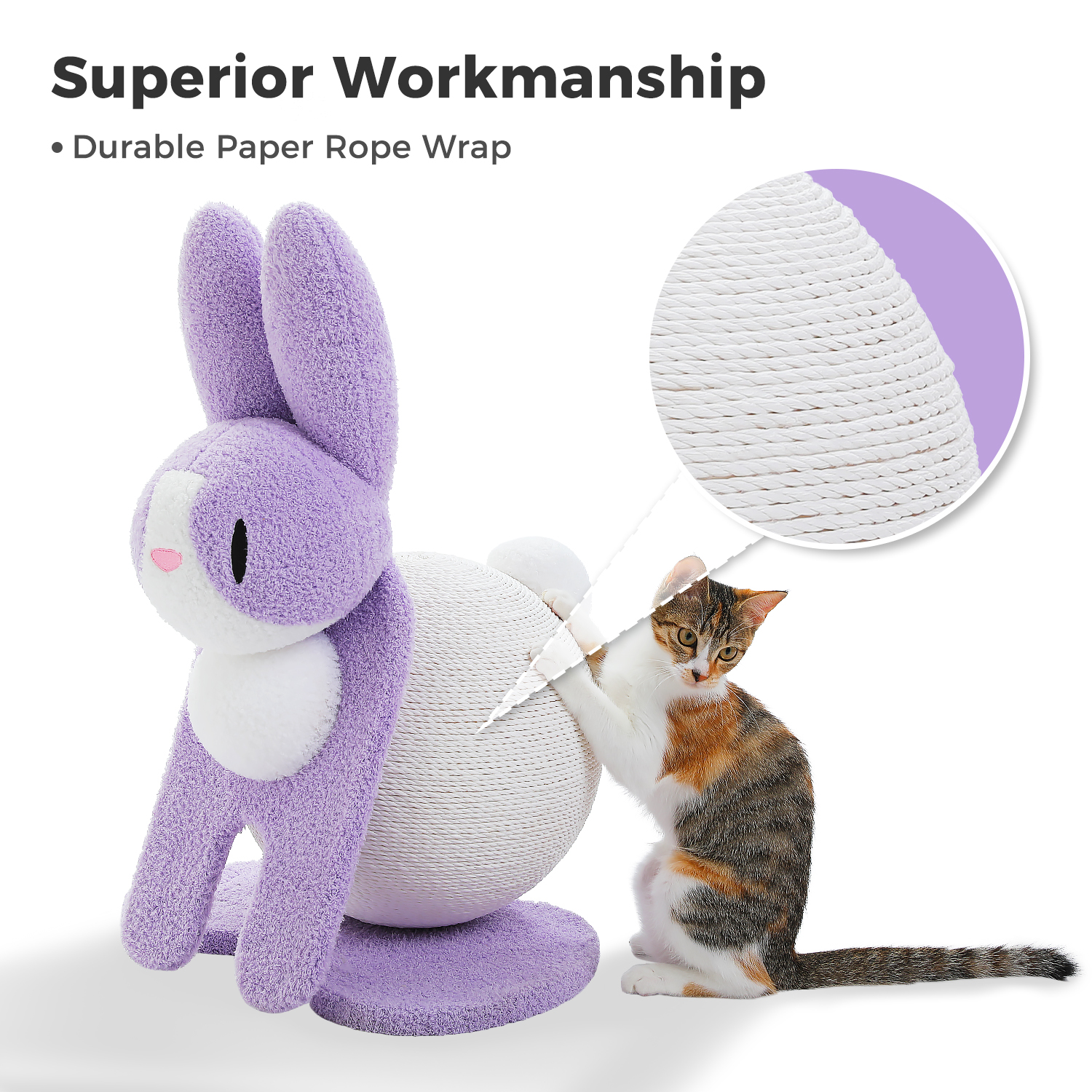 PEQULTI 23" Cute Cat Scratching Post Bunny Style Cat Scratcher with Paper Rope for Indoor Kitten Purple